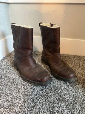 Cole Haan, Weatherproof Brown Leather Pull-On Work Boots with Sherpa Lining